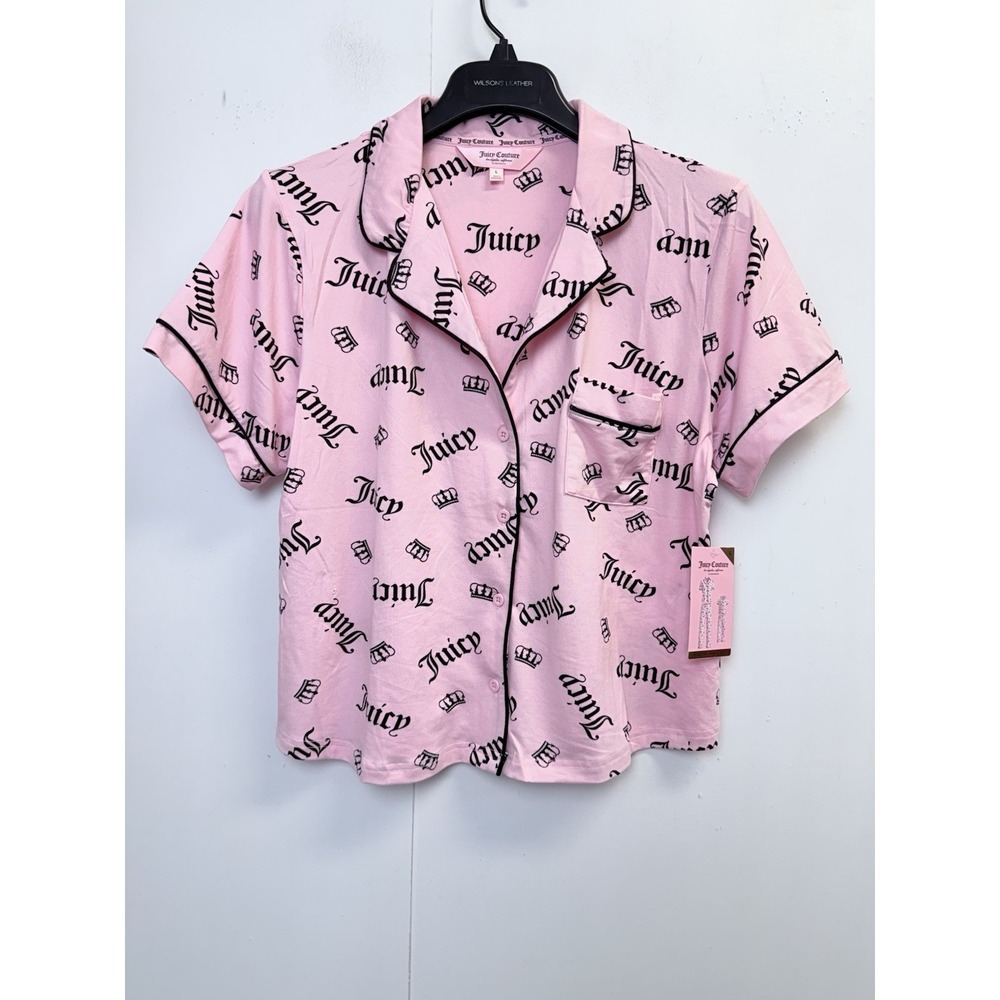 NEW JUICY COUTURE Women's Size L Pajama Top Pink/Black All Over Logo Shirt